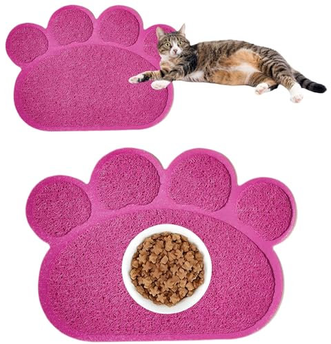 Tianher PVC Durable Chat Chien Tapis de Litière pour Chats Set de Table Pet Chiots Chaton Bol Aliments Patte Forme Bac Napperon Anti-Glissement (Rose, 45 * 60cm)