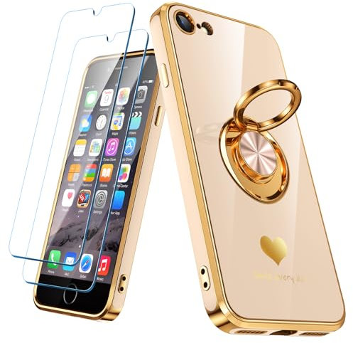 Nonional Compatible for iPhone 6 / 6s Case with 2 Pack Screen Protector, 360° Rotatable Ring Holder [Luxury Hearts Pattern] Plating Gold Edge Slim Soft Phone Case for iPhone 6 / 6s - Pink