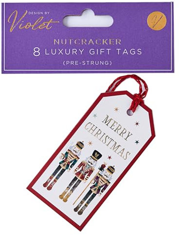 Design by Violet White Merry Christmas Nutcracker Gift Tags - Pack of 8 Pre-Strung Luxury Xmas Tags for Presents - Christmas Wrap