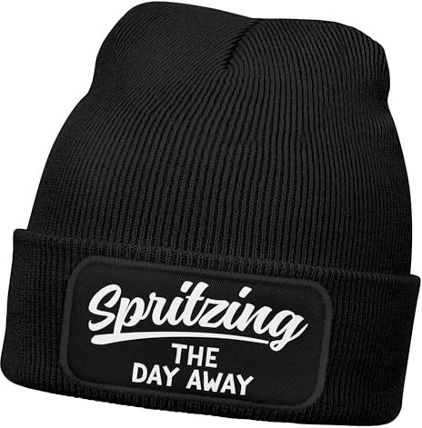 MoonWorks® Damen Beanie mit Patch Strickmütze mit Spruch Spritzing The Day Away Aufdruck Lustig Damenmütze Schwarz Unisize