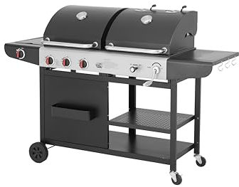 Tarrington House 3-hoofdbranders gas- en houtskoolcombigrill, grilloppervlak 42 x 44 cm, verrijdbaar, beschermhoes, staal, zwart