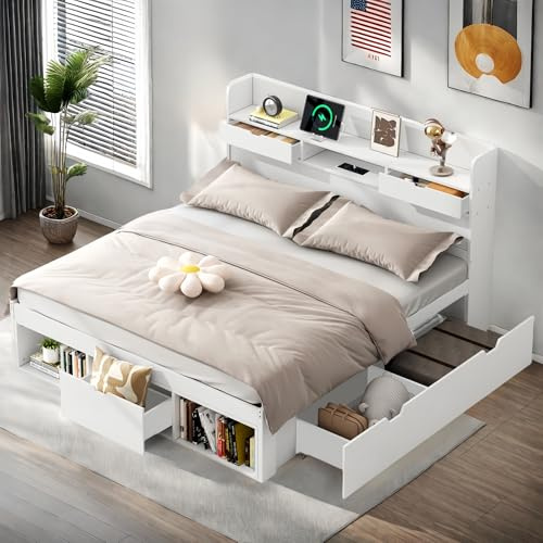 Lubvtti Letto imbottito con porta USB e cassetti e contenitore,letto matrimoniale con contenitore 140x190cm,Testiera con vano portaoggetti,telaio del letto 140x190,bianco