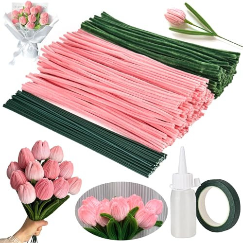 bssmmai 350 Stück Pfeifenreiniger Blumen, Tulpe Pfeifenputzer Blumen, Pfeifenreiniger Rosa Set, Pfeifenputzer zum Basteln, Pfeifenreiniger zum Basteln, Pfeifenreiniger Blumen Set