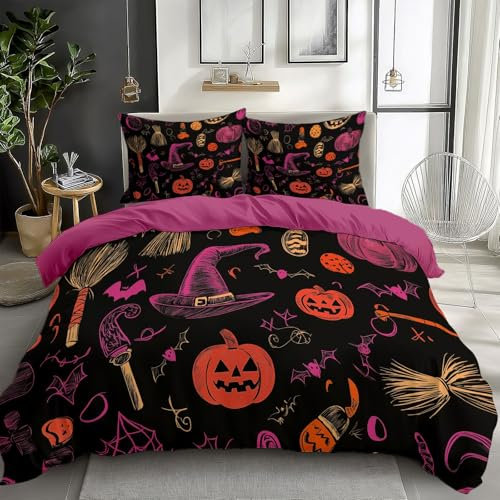 Super King Duvet Cover Set Halloween Graffiti Pumpkin Witch Hat Broom Bedding Set 3 Pcs, Purple Quilt Cover 260 x 220 cm Soft Breathable Comforter Cover With Zip Corner Ties Bedroom Decor