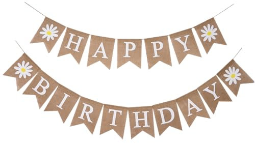 Geburtstag Gänseblümchen Sackleinen Wimpelkette Banner Stoff Braun Banner Druck mit weißen Buchstaben und Gänseblümchen für Zuhause Outdoor Geburtstag Party Dekoration