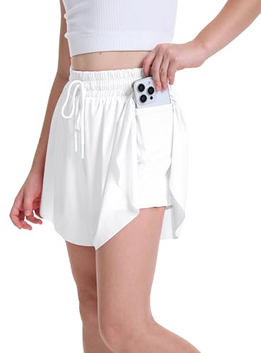 ANTLOOWW Korta byxor för flickor, med 2 fickor, 2-i-1 löparshorts, barn, sportbyxor flickor korta med elastisk linning för löpning, gymnastik, fritid, skola.