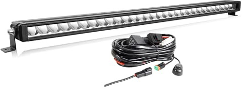 AUXTINGS LED Lichtleiste 84 cm 90W mit DT Kabelbaum, 9000 Lumen einreihig Punktstrahl Lichtbalken, Wasserdicht 6000K Weiß Zusatzscheinwerfer für LKW SUV Boot ATV UTV Geländewagen, 12V 24V DC