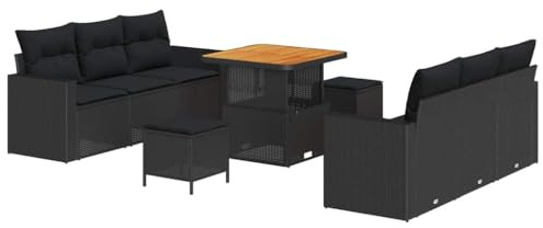 vidaXL Garten-Sofa-Set mit Kissen mit Speicher 9 pcs Schwarz, Garten und Terrasse, modernes Sofa-Set, UV-beständige Materialien, abnehmbare Kissen, Gartenmöbel