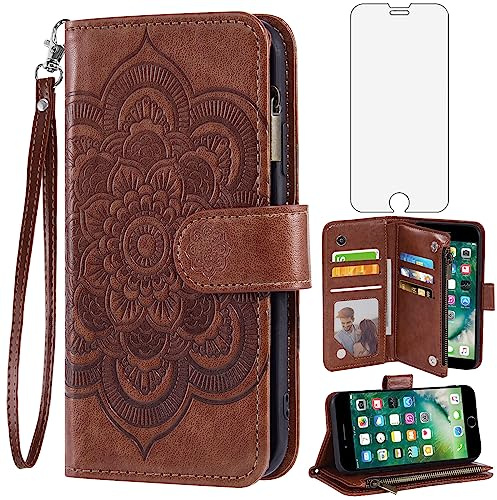 Phone Case for iPhone 7/8/SE 2020/2022 Wallet Cover with Screen Protector and Flower Flip Card Holder Cell iPhone7 iPhone8 7s 8s i SE2020 SE2022 2/2nd/3/3rd Generation SE2 SE3 7SE 8SE Women Men Brown