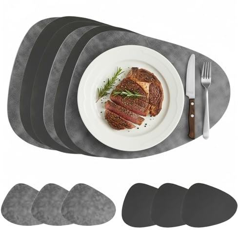 6 Stück Tischset aus Leder-Imitat, Platzsets Abwaschbar und Wasserdicht, Platzdeckchen Lederoptik mit Untersetzer, Oval Tischuntersetzer Doppelseitigen rutschfest (Sky Gray&Dark Gray)