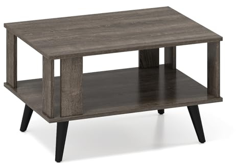 COSTWAY 2-Tier Coffee Table, Industrial Wooden Cocktail Tea Center Table with Open Storage Shelf, Rectangle Accent End Sofa Side Tables for Living Room, Bedroom and Office (Grey Oak)