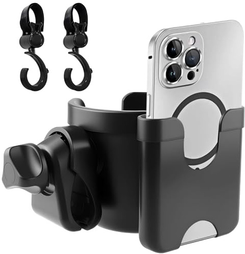 GZqiancang Universeller Kaffeehalter, mit Handyhalter,Mit Kinderwagen Haken | 2 in 1 Getränkehalter Kinderwagen mit Handyhalter,für Kinderwagen, Rollstuhl, Gehhilfe, Fahrrad,Schwarz