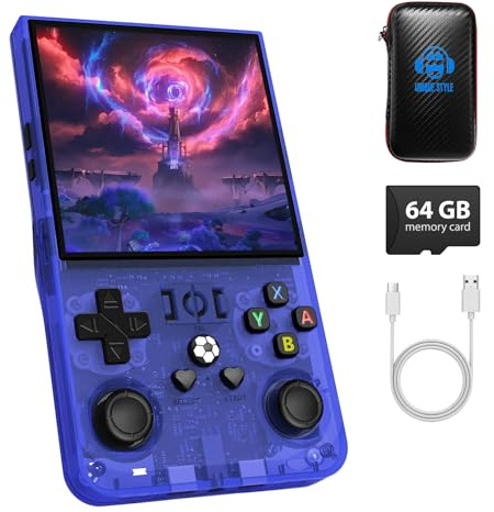 R36MAX Handheld Game Console, Retro Gaming Console with 4000mAh Battery 4.0”IPS Screen, Open Source Linux System, with 64GB TF Card Portable Video Gaming Console, Transparent Blue