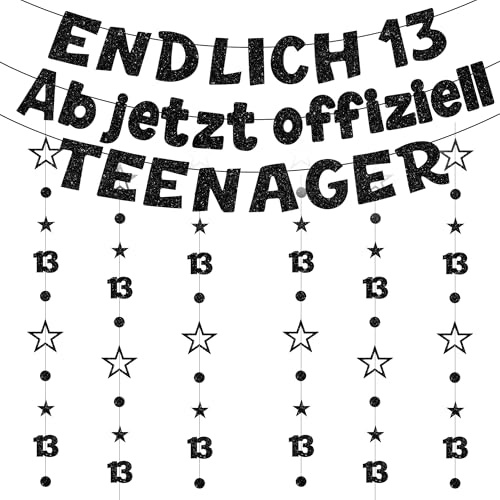 Deko 13. Geburtstag Mädchen Junge - 10 StüCk Schwarz Partyzubehör | Offiziell Teenager Geburtstagsdeko Birthday Banner Glitzer Twinkle Star Girlande Hanging Streamer für 13 Jahr