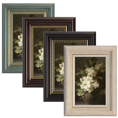 4 Stück Bilderrahmen Vintage Set, 10x15 cm Bilderrahmen Retro Quadrat, Fotorahmen zum Aufstellen und Aufhängen, Fotorahmen für Wohnzimmer, Schlafzimmer, Galerie (Schwarz, Kaffee, Holzweiß, Grün)