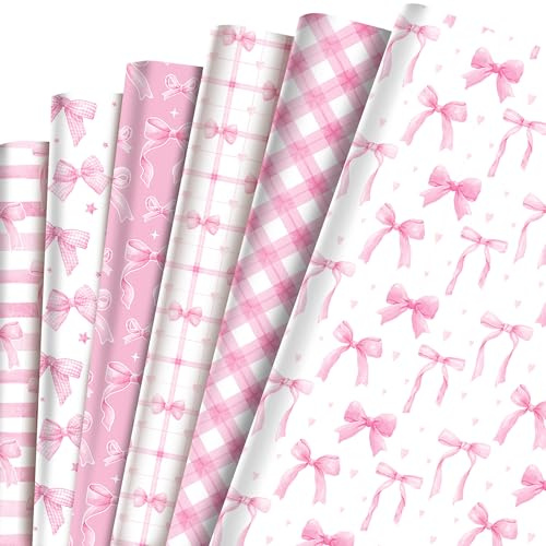 12 Blätt Geschenkpapier Rosa Geschenkpapier Geburtstag,6 Stile Rosa Schleifen-Muster für Muttertag Valentinstag Ostern Babyparty Urlaub Hochzeit Geburtstag Gift Wrapping Paper DIY Zubehör,50 x 68 cm