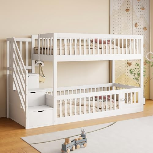 NNJN Litera de 90 x 200 cm con escalera de seguridad y cajones, cama individual de madera blanca con espacio de almacenamiento para niños, adolescentes