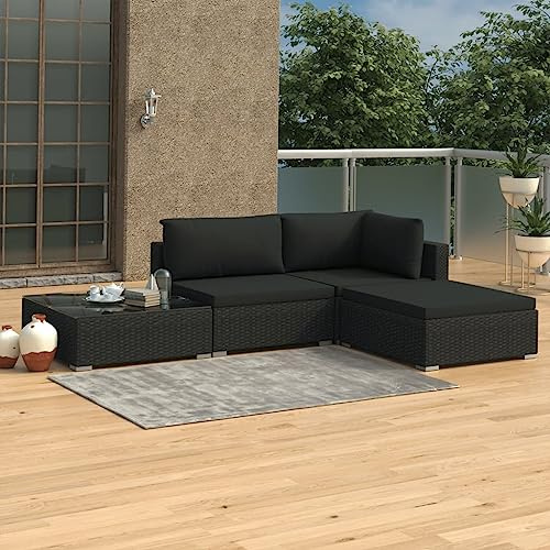 Owoxanthellate 4tlg. Gartensofa Set 70x70 cm dunkel PE-Rattan wetterfest modular mit Auflagen Glasplatte und Eckbank for Balkon Terrasse und Wintergarten
