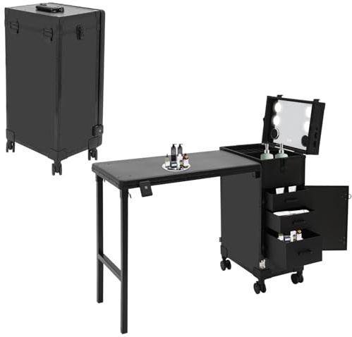 PromiseFly Kosmetik Trolley, Schminkkoffer mit Lautsprecher und Power-Schnittstellen, Klappbarer Manikürtisch mit 3 Schubladen Kosmetikkoffer Nagelkoffer Kosmetikkoffer Tragkraft 50kg