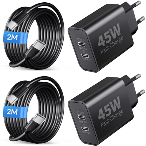 45W 2-Port USB C Schnellladegerät 2M Schnellladekabel für Samsung, 2Pack | Handy Ladegerät Netzteil Stecker mit Ladekabel für Galaxy S26 S25 S24 S23 S22 S21 Ultra FE, A57 A56 A55 5G, Note, Z Flip, Tab