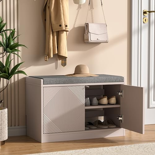 UEV Shoe Storage Bench with Cushion, 2 Door Shoe Cabinet with Ventilated Open Back for Hallway, Shoes, Trainers & Slippers & Dog Leads, 70W x 36.5D x 46.5H cm, Cashmere