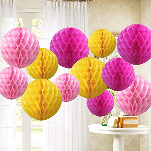 Time to Sparkle 12 Pack Tissue Paper Honeycomb Balls, Poms Birthday Baby Shower Wedding Decorations (Yellow&Pink)