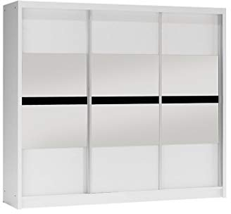 Furniture24 Kleiderschrank BATUMI Schlafzimmer 3 Türiger Schwebetürenschrank 2 Schubkästen Schrank 1 Kleiderstange 8 Einlegeboden Weiß