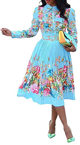 VERWIN Lapel Three-Quarter Sleeve Knee Length Pleated Floral Women's Sheath Dress (Large, Blue)