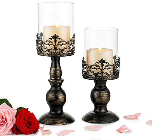 NUPTIO Kerzenständer Stumpenkerzen Schwarz Kerzenhalter: Set mit 2 Vintage Deko Gothic Halloween Weihnachten Dekoration Tischdeko Dekoartikel Dark Kamin Witchy