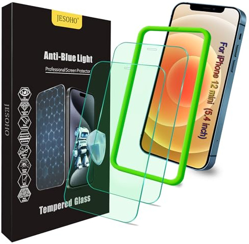 JESOHO Blue Light Blocking Screen Protector for iPhone 12 Mini 5.4 inch | 2 Pack Anti Blue Light Tempered Glass Film, Eye Protection,9H, Case Friendly, No Bubble,with Easy Installation Kit.