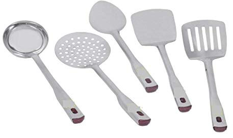 Radhna Indian Traditional Pack of 5 Stainless Steel Cooking Utensils Spatula Serving Spoon Slotted Turner Sippi Palta Kadchi Kitchen Tools Cooking Spoons