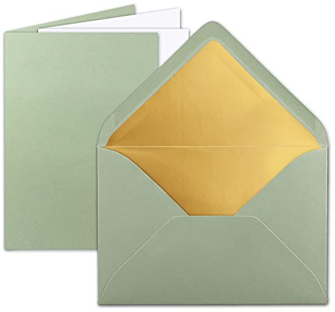 FarbenFroh by GUSTAV NEUSER 10 Sets - Faltkarten DIN A5 - Eukalyptus (Grün) mit Umschläge DIN C5 mit Gold Metallic Futter und weißen Einleger - 14,8 x 21 cm
