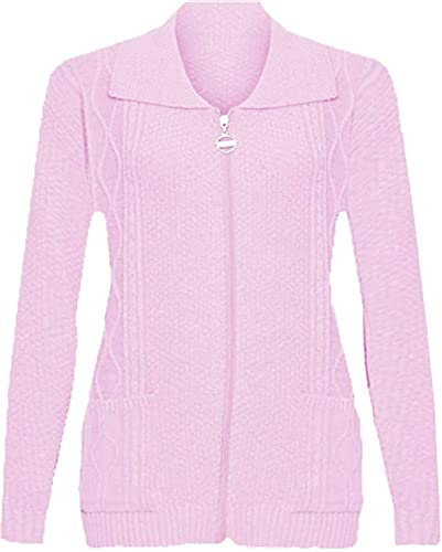 Candid Styles Womens Zipped Cable Knit Long Sleeve Zip Through Fasten Jumper Cardigan #Baby Pink/UK 18-20
