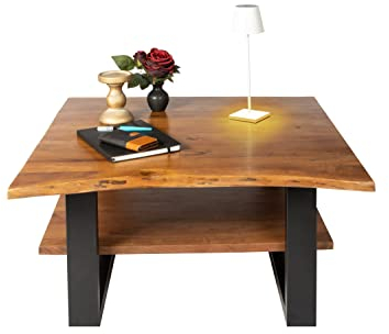 SAM Couchtisch 90x90 cm Patrick, Sofatisch mit Ablage, Akazienholz massiv + nussbaumfarben + lackiert, Beistelltisch mit schwarzem U-Metallgestell, echte Baumkante
