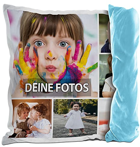 PR Print Royal Fotokissen mit Collage selbst gestalten - mit 6 Fotos Personalisieren - Geschenk für Familie und Freunde | Rückseite Hellblau, inkl. Kissenfüllung, 40x40cm