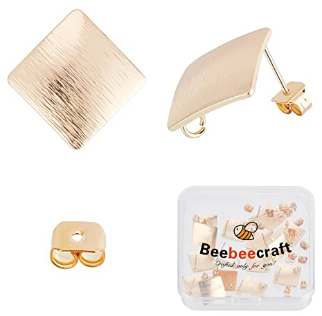 Beebeecraft 20 Stück/Schachtel 18 Karat Vergoldete Ohrringzubehör Rautenpfosten Ohrstecker Komponenten Mit Schleife Und 20 Stück Kunststoff-Ohrringverschlüsse Für Die DIY-Ohrring-Schmuckherstellung