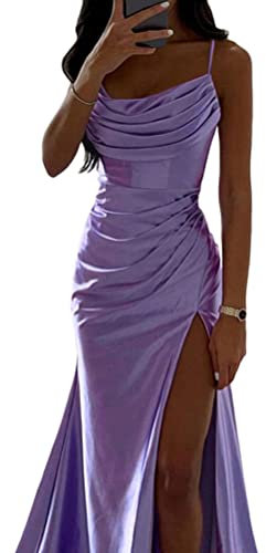 ORANDESIGNE Abito da Sera in Raso Lungo Sexy Donna Vestito Elegante Abito Senza Manica Abito Aderente Sexy Scollo a V Vestito da Cocktail Abito da Sera con Spacco Festa Cerimonia A Viola XS