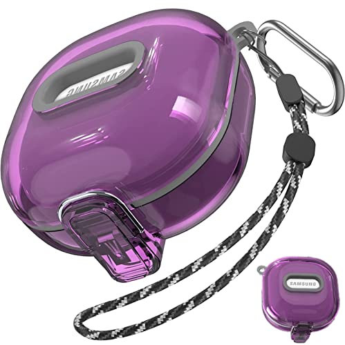 Miimall Case for Samsung Galaxy Buds2 Pro/Galaxy Buds Pro/Galaxy Buds2/Galaxy Buds Live, [Metal Lock Switch] [Carabiner] [Lanyard] Translucent Shockproof Protective Case for Galaxy Buds2 Pro-Purple