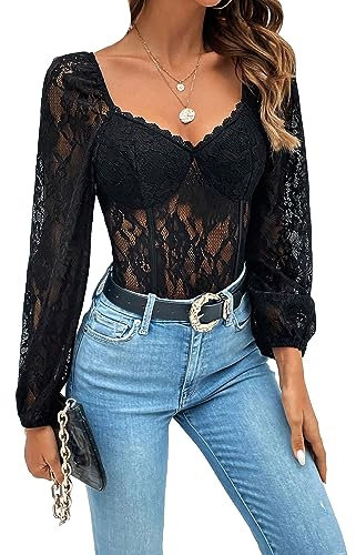 GORGLITTER Women's Lace Sheer Sweetheart Neck Bodysuit Tops Long Sleeve Sexy Fitted Tee T Shirt Black L