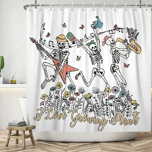 ASDCXZ Lustig Duschvorhang 180x200 cm, Witzig Skelett Singen Tanzen Blumen Blätter Halloween Weiß Bad Waschbar Duschvorhänge Polyester Textil Wasserdicht Badevorhang für Badewanne mit 12 Haken