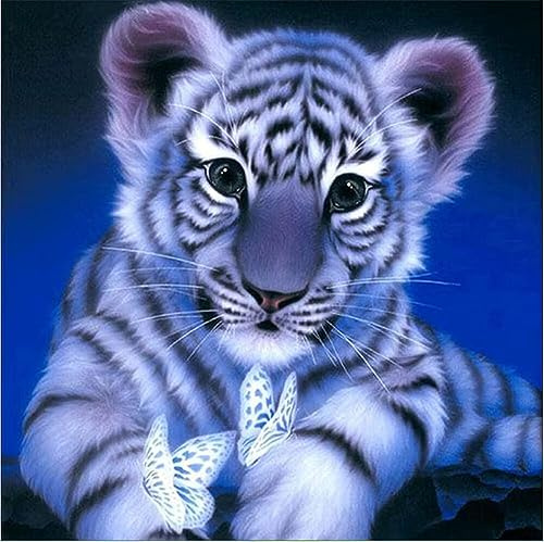 YEESAM Kunst, vorbedruckte Kreuzstichsets für Erwachsene und Anfänger, Weißer Tiger und Schmetterling, Tierbabys, 11CT, vorbedruckt, 36 x 36 cm Stickerei-Kit, Wandkunst, Wohnkultur