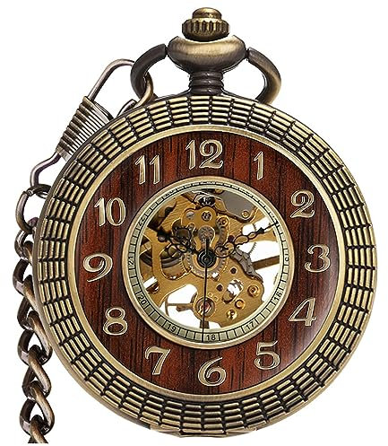 VIGOROSO Mechanische Taschenuhr für Herren, Handaufzug, Vintage-Stil, Steampunk, Holzmaserung, hohles Design, mit Kette und Box, Bronze Arabisch, Taschenuhr, V029