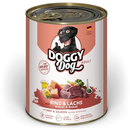 DOGGY Dog Paté Rind & Lachs, 6 x 800 g, Nassfutter für Hunde, getreidefreies Hundefutter mit Lachsöl und Grünlippmuschel, Alleinfuttermittel mit Karotte und Brokkoli, Made in Germany