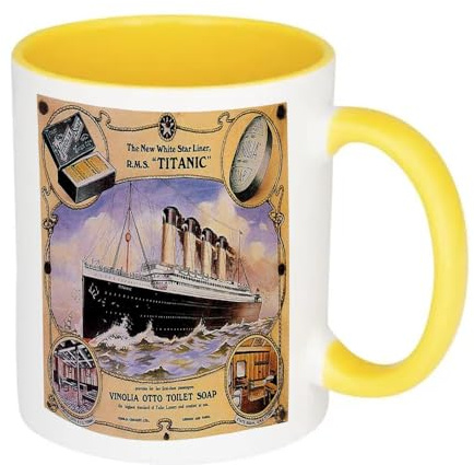 Giftme Vintage White Star Line Titanic Vinolia Otto Toilet Soap Poster, 11oz Inside Coloured Ceramic Mug. (Yellow)