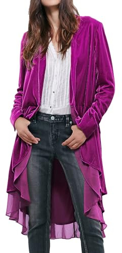 R.Vivimos Women Collarless Vintage Ruffle Long Velvet Jacket | Open Front,Long Sleeve,Loose Fit,High Low Swallowtail Hem,Flowy,Classic,Casual,Parties,Long Coat