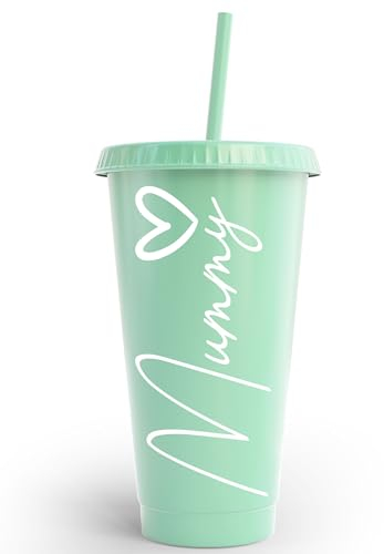 Personlaized Tumbler 24oz Cold Cup Mothers Day Mum Heart Gift - with Lid and Straw for Water, Iced Tea, Coffee, Smoothies, and More