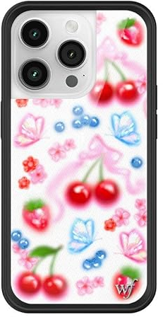 Wildflower Schutzhülle für Apple iPhone 14 Pro, Motiv: Süße Kirschen, Blau, Weiß, Rot, trendy, Fruit, Kirsche, schützender schwarzer Stoßfänger, 1,2 m Falltest zertifiziert, kleines Unternehmen im