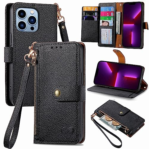 VEEMOS Zipper Wallet Case for Apple iPhone 13 Pro Max Phone Case with Purse Card Holders RFID Blocking Leather Flip Case Book Cover Wrist Strap Women - Black