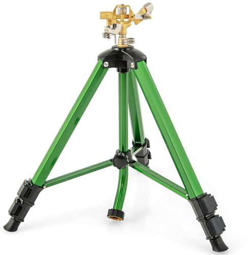 COSTWAY Rotating Tripod Sprinkler, 360°Automatic Rotation Irrigation Water Sprinklers with 11-13.6m Coverage Area & Brass Head, Telescopic Tripod Sprinkler for Garden Lawn (Adjustable Height 44-89cm)