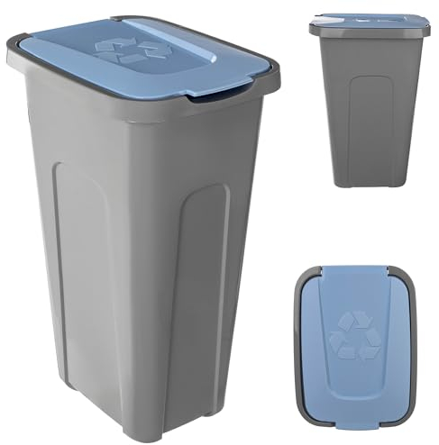 KADAX Poubelle pour tri des déchets, 30 l, robuste, avec couvercle à rabat hermétique, pour système de tri des déchets, en plastique (1, couvercle bleu)